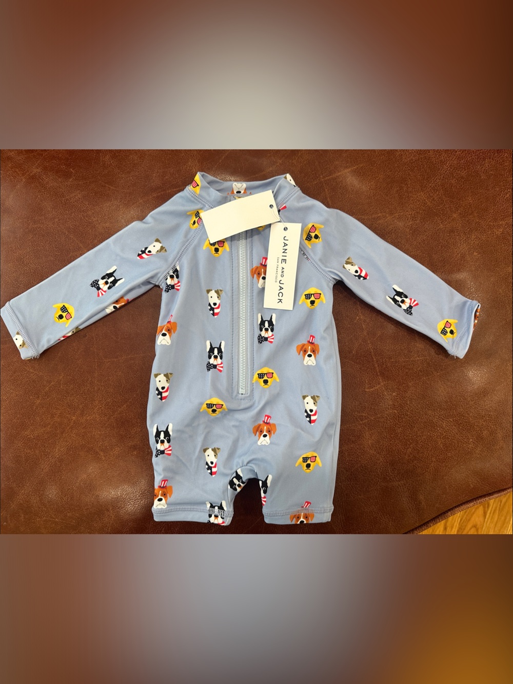 Janie and Jack Light Blue Puppy Print One-Piece 0-3 Mo